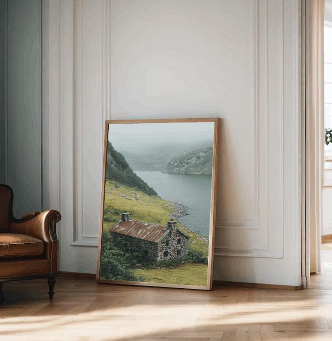 Misty Mountain Cottage Print: Rustic Stone House, Serene Lakeside (Digital Download)