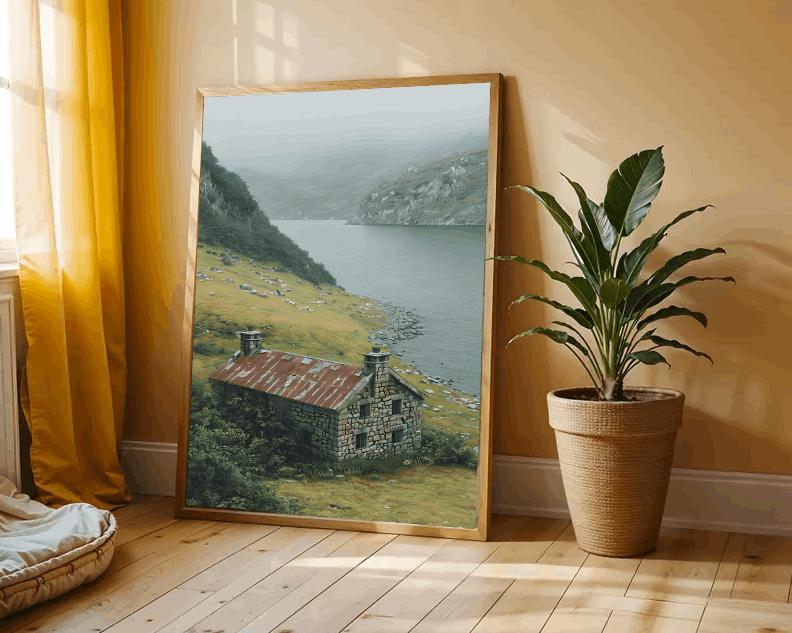 Misty Mountain Cottage Print: Rustic Stone House, Serene Lakeside (Digital Download)
