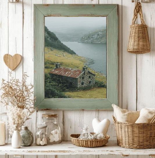 Misty Mountain Cottage Print: Rustic Stone House, Serene Lakeside (Digital Download)