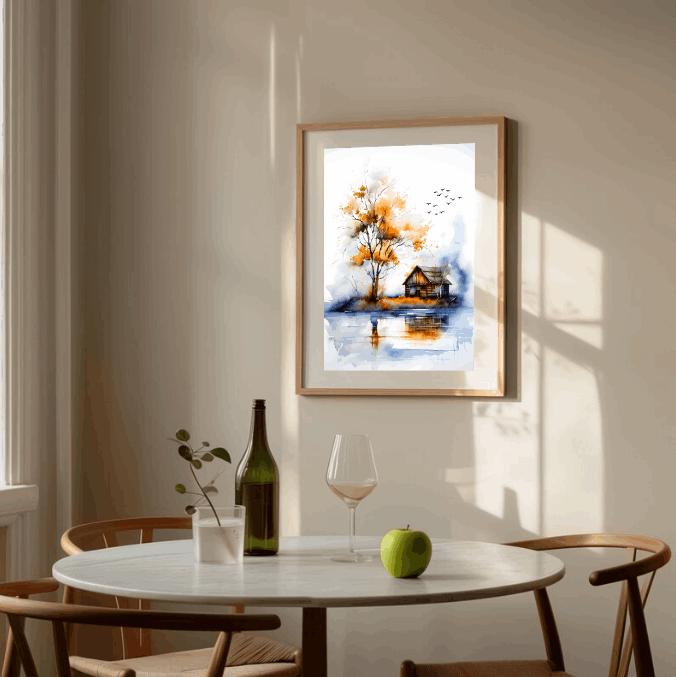 Watercolor Cabin Landscape Print: Rustic Autumn Lake Reflection (Digital Download)