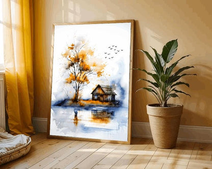 Watercolor Cabin Landscape Print: Rustic Autumn Lake Reflection (Digital Download)