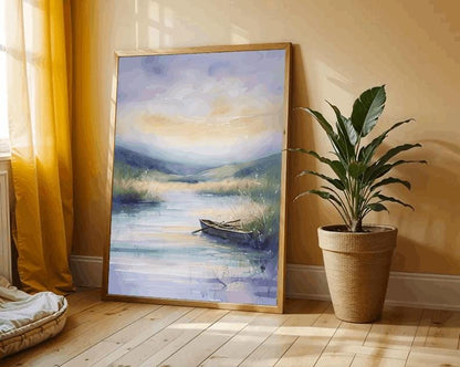 Watercolor Lake Landscape Art: Peaceful Boat Painting (Digital Download)