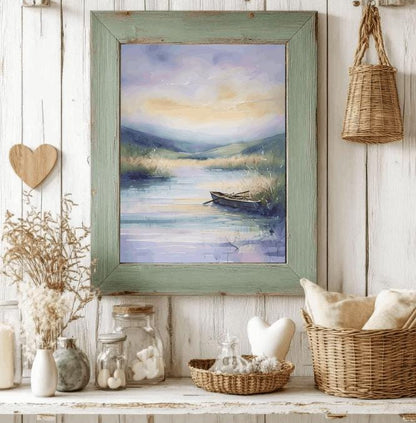 Watercolor Lake Landscape Art: Peaceful Boat Painting (Digital Download)