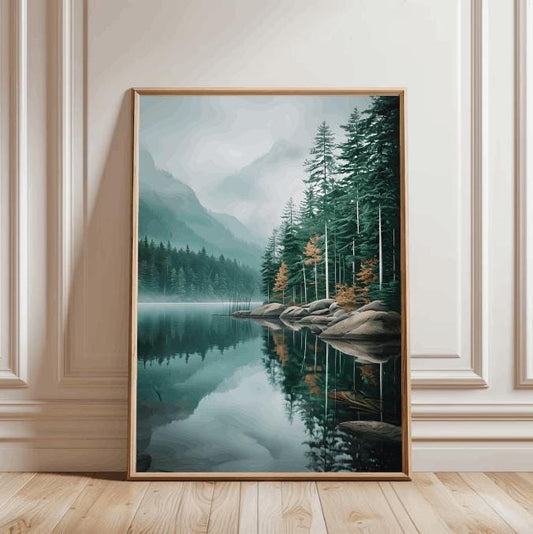 Misty Forest Lake Print: Tranquil Mountain Landscape Art (Digital Download)