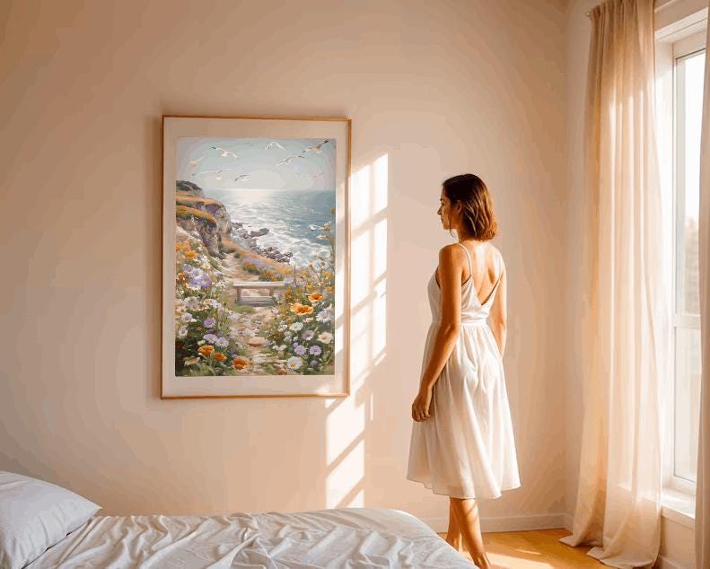 Coastal Wildflower Path Print: Seaside Seagull Landscape (Digital Download)