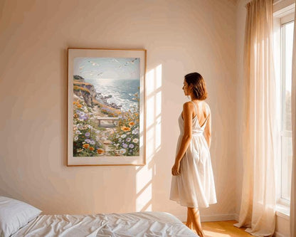 Coastal Wildflower Path Print: Seaside Seagull Landscape (Digital Download)