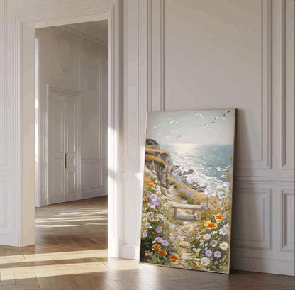 Coastal Wildflower Path Print: Seaside Seagull Landscape (Digital Download)