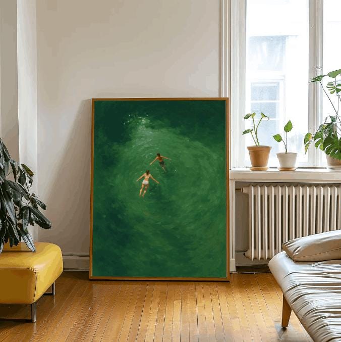 Minimalist Swimmers Art Print: Aerial Ocean Painting (Digital Download)