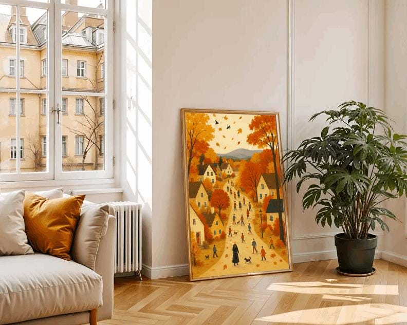 Autumn Village Landscape Print: Cozy Cottage, Farmhouse Wall Art (Digital Download)