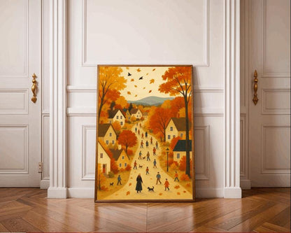 Autumn Village Landscape Print: Cozy Cottage, Farmhouse Wall Art (Digital Download)