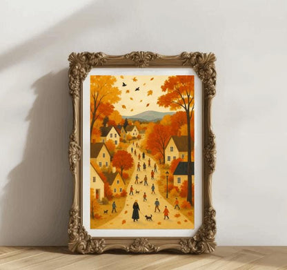Autumn Village Landscape Print: Cozy Cottage, Farmhouse Wall Art (Digital Download)