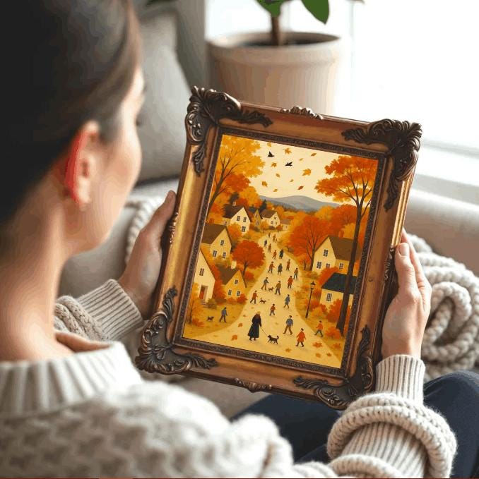 Autumn Village Landscape Print: Cozy Cottage, Farmhouse Wall Art (Digital Download)