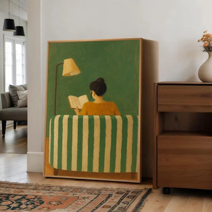 Cozy Reading Woman Art Print: Minimalist Green Home Decor (Digital Download)