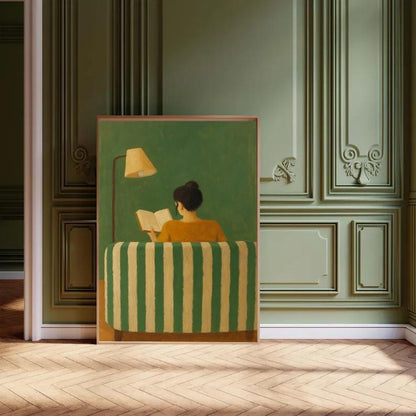 Cozy Reading Woman Art Print: Minimalist Green Home Decor (Digital Download)