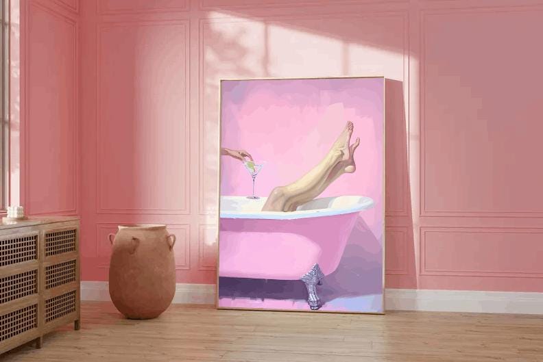Pink Bathtub Cocktail Print: Glam Bathroom Art, Feminine Spa Decor (Digital Download)