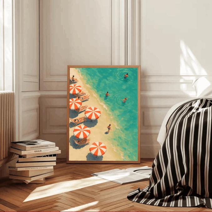 Retro Beach Umbrella Print: Mediterranean Coastal Art (Digital Download)