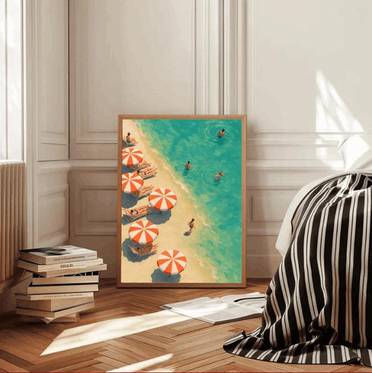 Retro Beach Umbrella Print: Mediterranean Coastal Art (Digital Download)