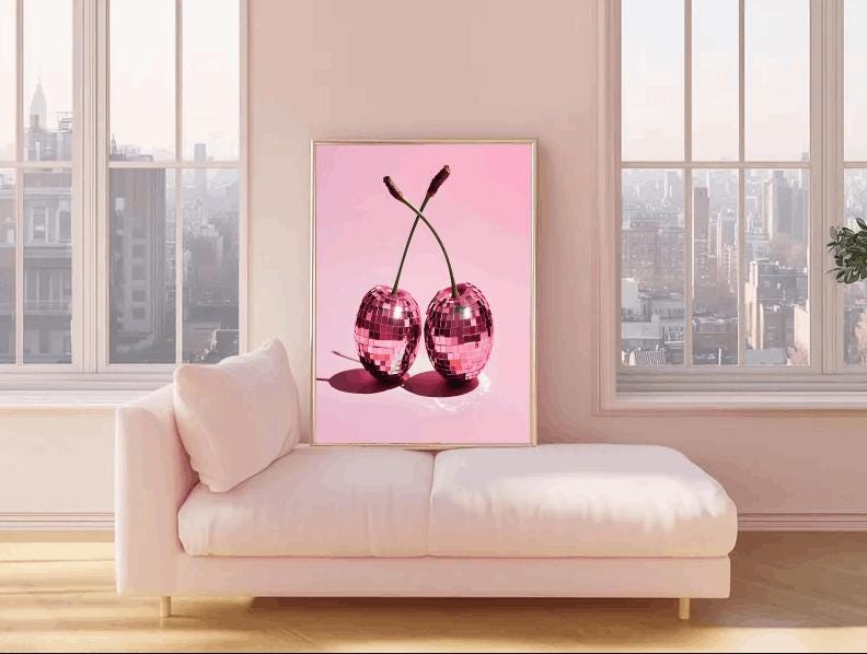 Pink Disco Cherry Art Print: Retro Pop Kitchen & Bar Decor (Digital Download)