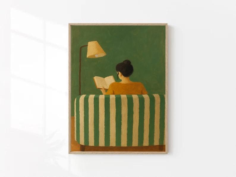 Cozy Reading Woman Art Print: Minimalist Green Home Decor (Digital Download)