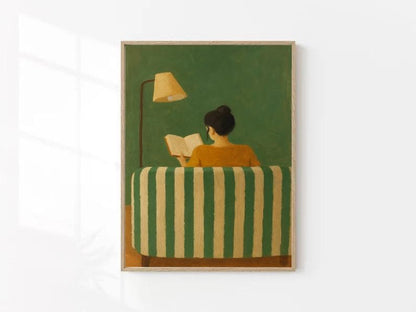 Cozy Reading Woman Art Print: Minimalist Green Home Decor (Digital Download)
