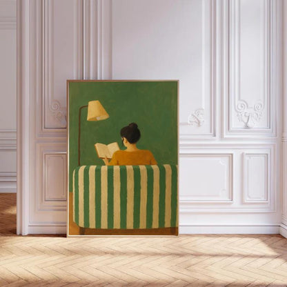 Cozy Reading Woman Art Print: Minimalist Green Home Decor (Digital Download)