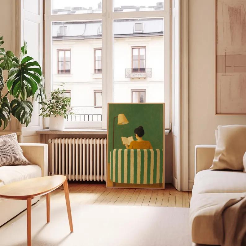 Cozy Reading Woman Art Print: Minimalist Green Home Decor (Digital Download)