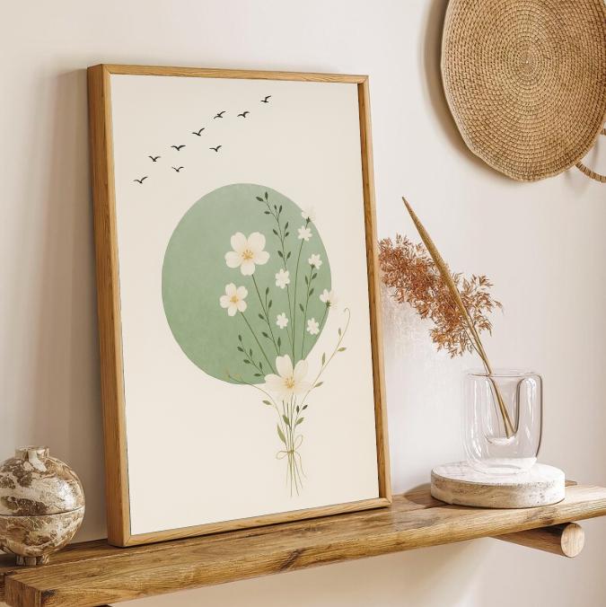 Minimalist Flower Print: Green Circle, Scandinavian Decor (Digital Download)
