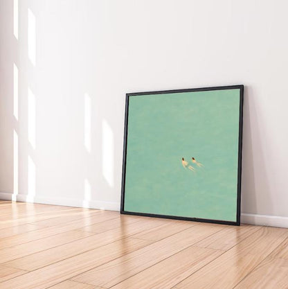 Minimalist Swimmers Art Print: Aqua Ocean Painting (Digital Download)