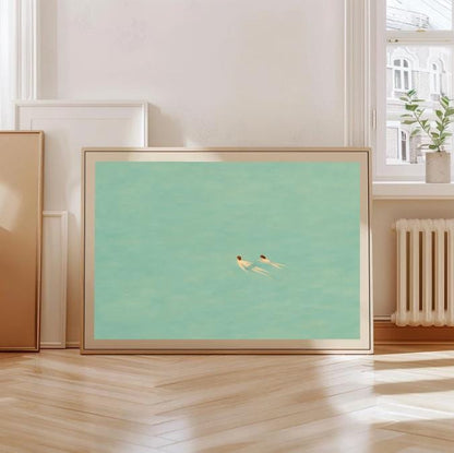 Minimalist Swimmers Art Print: Aqua Ocean Painting (Digital Download)
