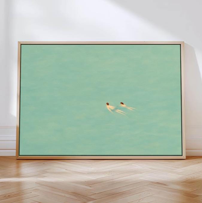 Minimalist Swimmers Art Print: Aqua Ocean Painting (Digital Download)
