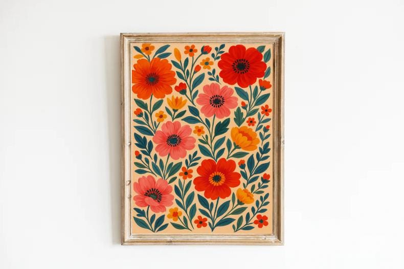 Boho Floral Wall Art: Bold Red & Coral Flower Print (Digital Download)