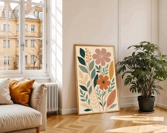 Boho Floral Wall Art Print: Mid Century Modern Botanical Decor (Digital Download)