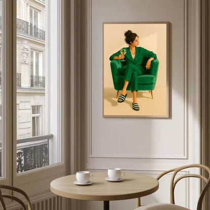 Modern Woman Print: Chic Green Suit, Wine Lounge Art (Digital Download)