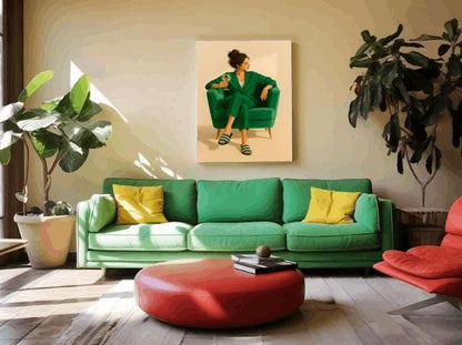 Modern Woman Print: Chic Green Suit, Wine Lounge Art (Digital Download)