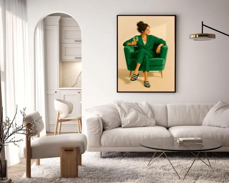 Modern Woman Print: Chic Green Suit, Wine Lounge Art (Digital Download)