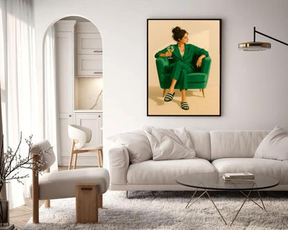 Modern Woman Print: Chic Green Suit, Wine Lounge Art (Digital Download)