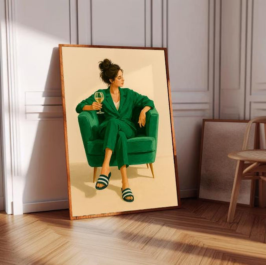Modern Woman Print: Chic Green Suit, Wine Lounge Art (Digital Download)