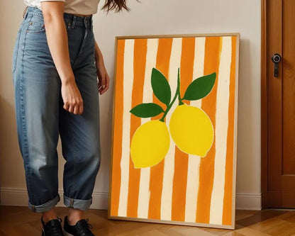 Lemon Kitchen Print | Retro Orange Stripe Mediterranean Art (Digital Download)