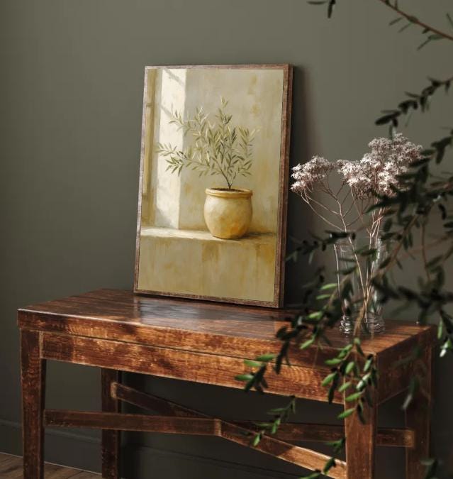 Olive Tree Painting: Rustic Still Life Botanical Print (Digital Download)