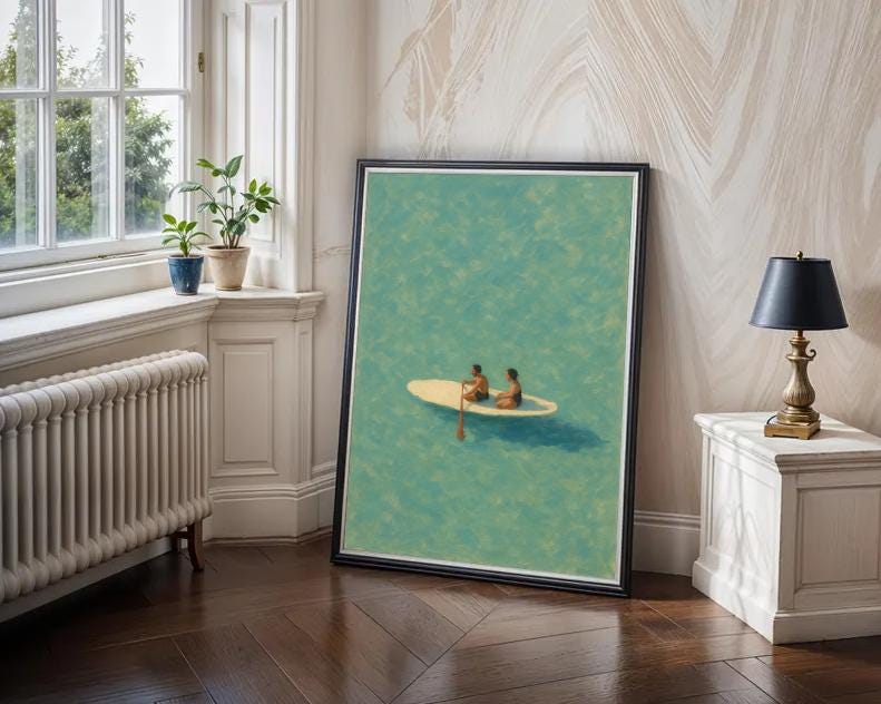 Minimalist Paddle Board Art Print: Coastal Turquoise Ocean (Digital Download)