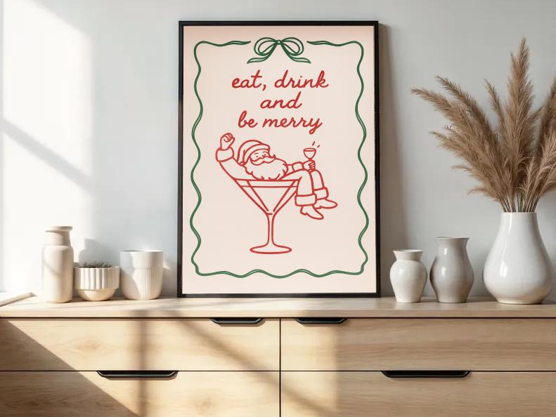 Retro Santa Cocktail Christmas Art Print: Mid-Century Holiday Bar Decor (Digital Download)