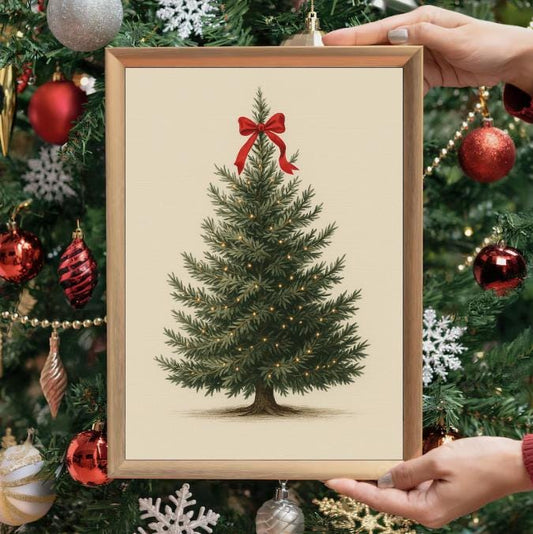 Vintage Christmas Tree Art Print: Red Bow Holiday Decor (Digital Download)