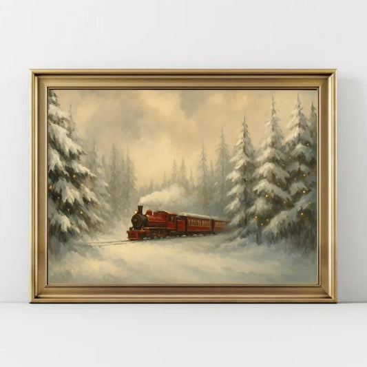 Vintage Christmas Train Art Print: Snowy Winter Forest (Digital Download)