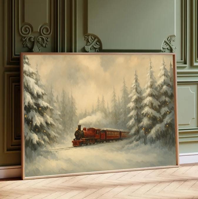 Vintage Christmas Train Art Print: Snowy Winter Forest (Digital Download)