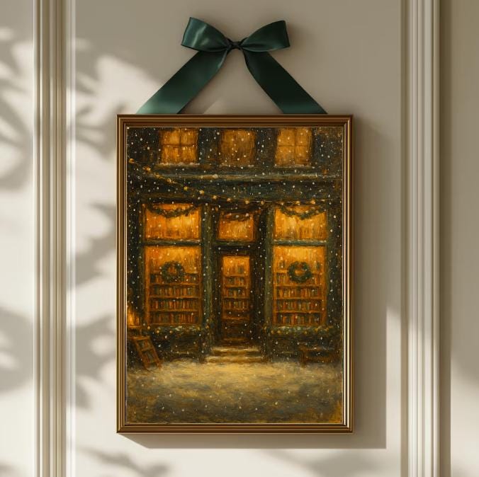 Cozy Christmas Bookshop Art Print: Snowy Winter Bookstore (Digital Download)