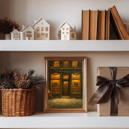 Cozy Christmas Bookshop Art Print: Snowy Winter Bookstore (Digital Download)