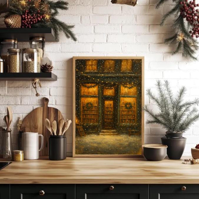 Cozy Christmas Bookshop Art Print: Snowy Winter Bookstore (Digital Download)