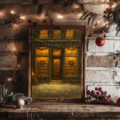Cozy Christmas Bookshop Art Print: Snowy Winter Bookstore (Digital Download)