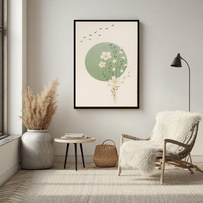 Minimalist Flower Print: Green Circle, Scandinavian Decor (Digital Download)