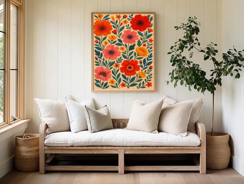 Boho Floral Wall Art: Bold Red & Coral Flower Print (Digital Download)